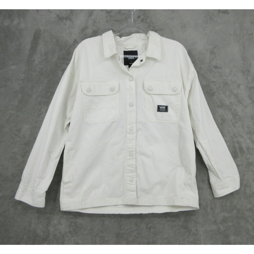 Vans Jacket Womens Size M Canvas Snap Front Chore Pockets Trucker Twill White